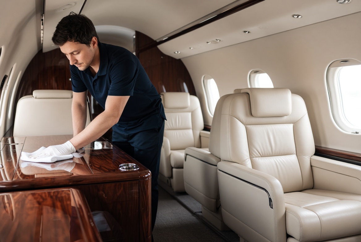 Technician cleaning a business jet cabin table