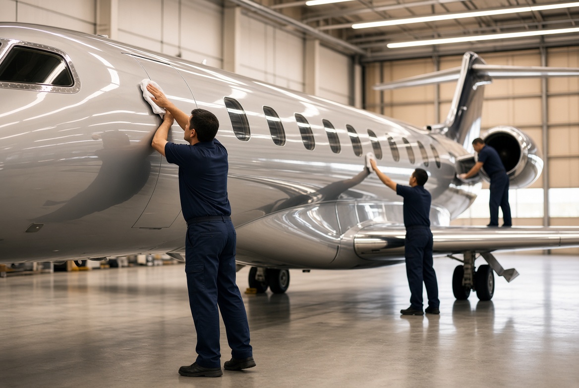 Technicians polishing a business jet in a hangar