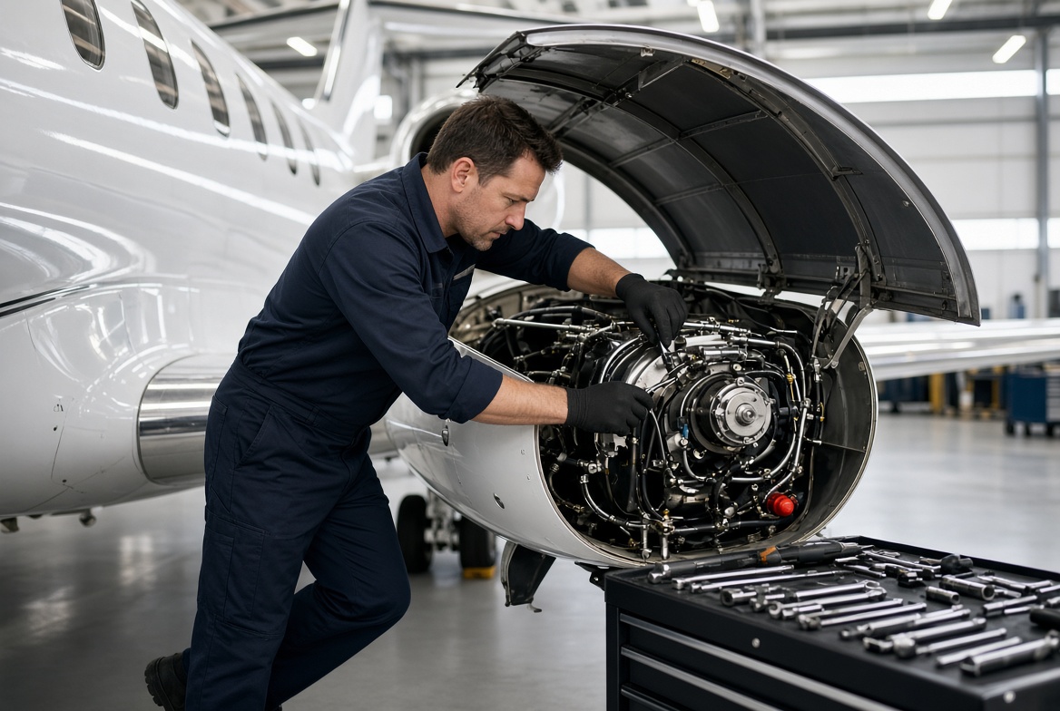 Technician inspecting a business jet engine installation