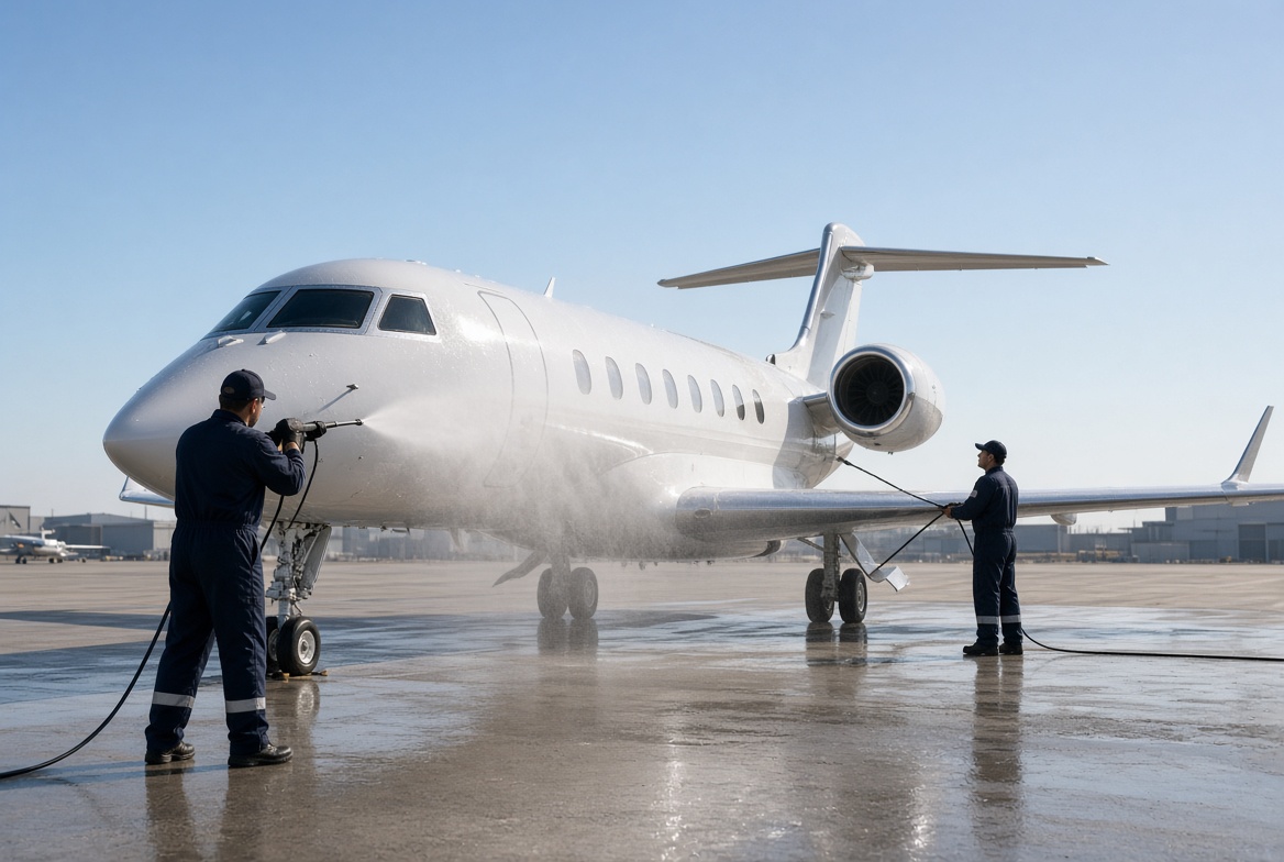 Ground crew washing a business jet on the apron